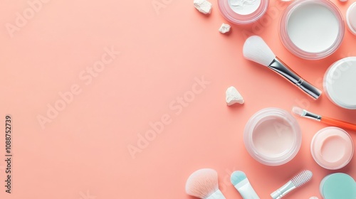 A collection of skincare product and tools arranged on a pastel background for beauty routines.