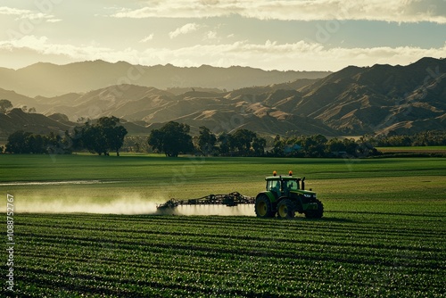 Agricultural tractor spraying fertilizer on agricultural field. Smart agriculture farming, agricultural food crops technology. photo