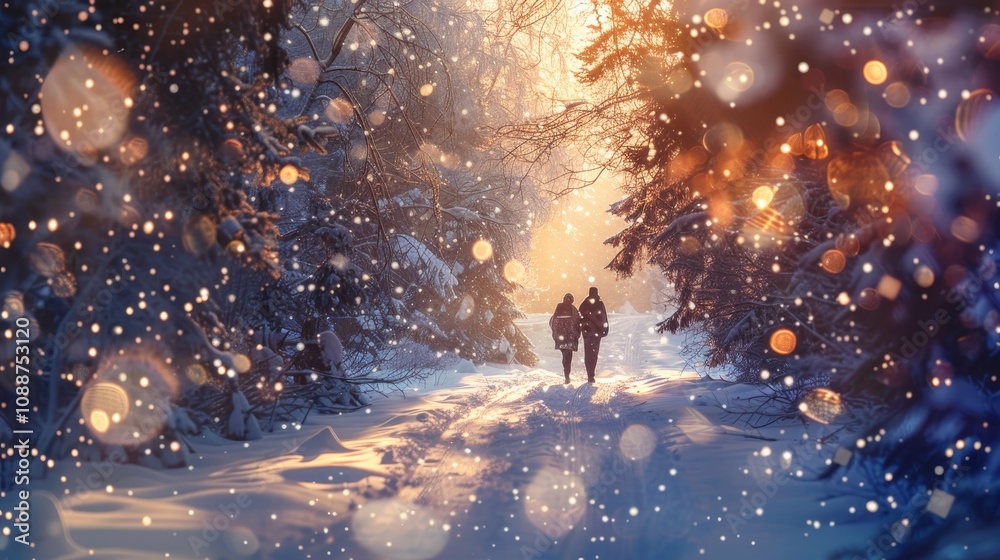 Obraz premium A charming winter scene couple in cozy attire joyfully exploring fresh snow under magical light