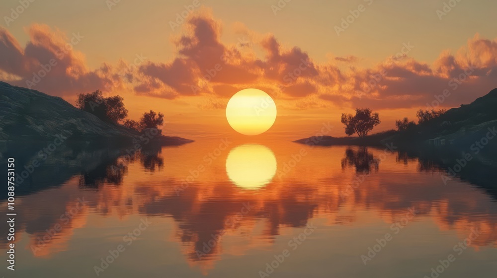 Serene sunset reflecting on calm water, creating a mirrored effect. Serene sunset reflecting on calm water, creating a mirrored effect.