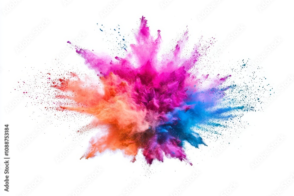 Fototapeta premium A colorful powder explosion isolated on a white background, with an abstract splatter of powder.