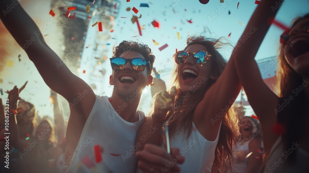 Obraz premium Happy friends having fun at festival party throwing confetti and dancing together - Young people celebrating music fest outdoor - Friendship, hang out and youth concept - Main focus on two right face