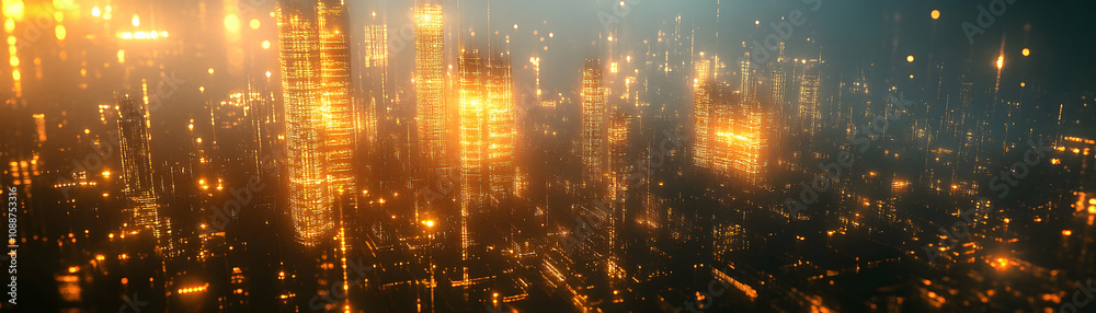 Fototapeta premium A Futuristic Cityscape with Illuminated Towers in a Hazy Atmosphere