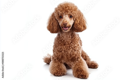 The cute fluffy portrait smile of a puppy dog Poodle, gazing at the camera, isolated on a clear png background. Funny moment, lovely dog, pet concept.