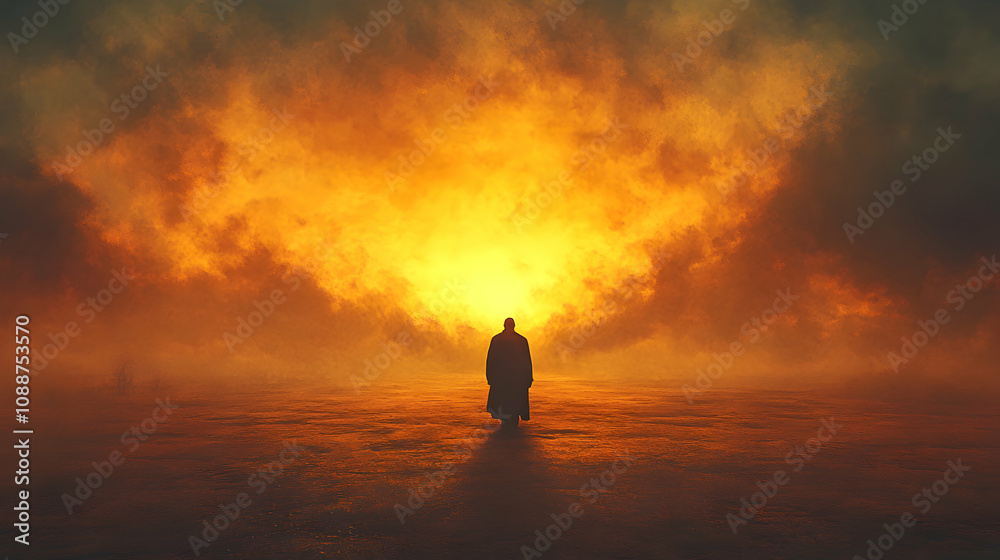Digital Painting of a Solitary Figure Walking Towards a Glowing Orange Sky in a Foggy Landscape Digital Painting of a Solitary Figure Walking Towards a Glowing Orange Sky in a Foggy Landscape