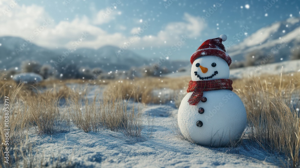 Obraz premium Happy snowman standing in christmas landscape
