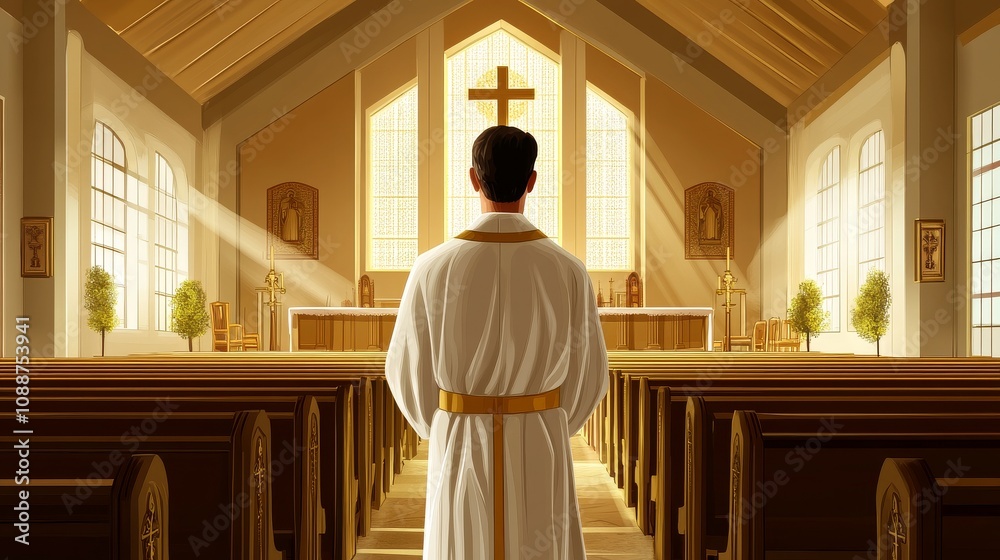 A man in a white robe stands in a church with a cross on the wall A man in a white robe stands in a church with a cross on the wall