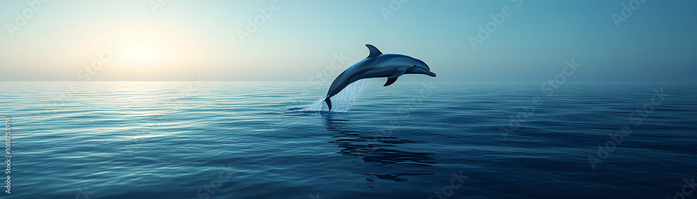 A Dolphin Leaps High Above the Ocean Waves During a Calm Sunset A Dolphin Leaps High Above the Ocean Waves During a Calm Sunset