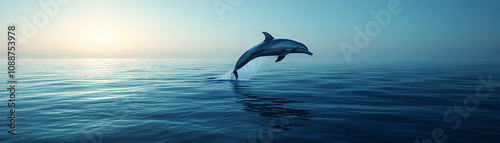 A Dolphin Leaps High Above the Ocean Waves During a Calm Sunset