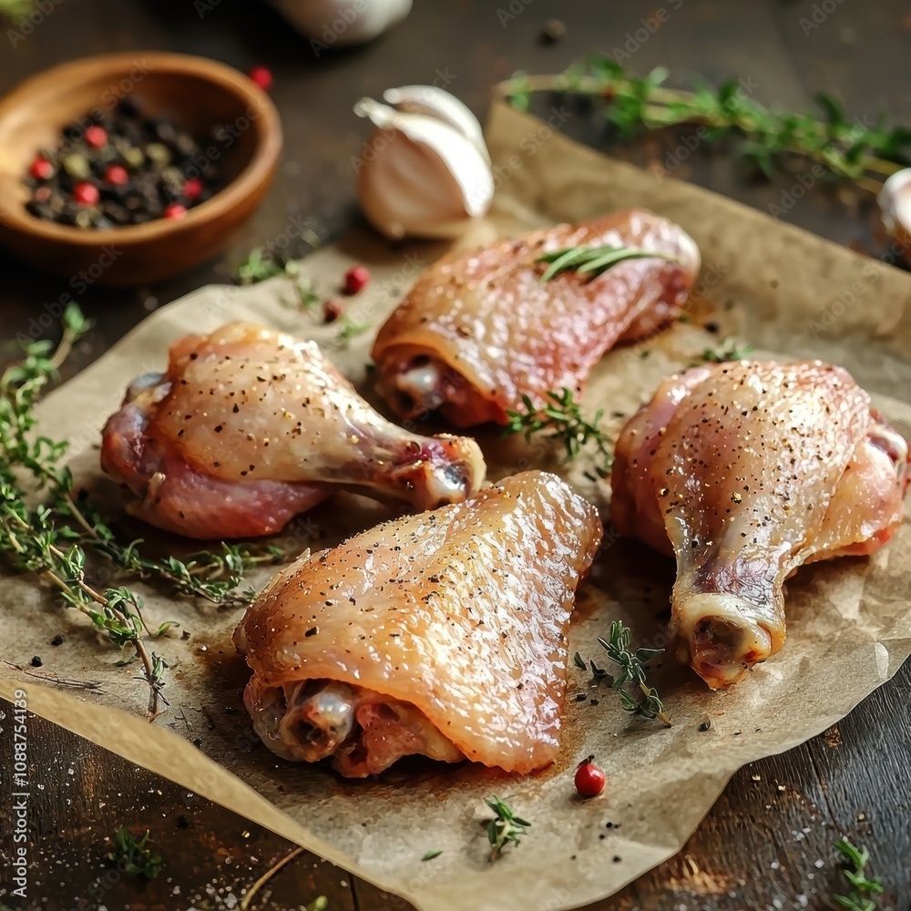 Fresh Raw Chicken Drumsticks with Herbs and Spices on Rustic Wooden Table for Cooking Preparation and Delicious Meal Ideas in Natural Light Fresh Raw Chicken Drumsticks with Herbs and Spices on Rustic Wooden Table for Cooking Preparation and Delicious Meal Ideas in Natural Light