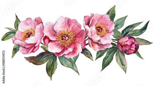 Watercolor illustrations of pink flowers and greenery, suitable for wedding decorations, isolated on white
