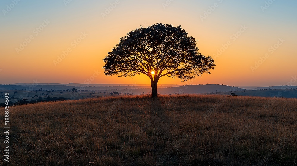 Sunrise Silhouette: Tree Stands Tall, Golden Light Bathes Landscape, Serene Nature Scene, Peaceful Dawn View. Sunrise Silhouette: Tree Stands Tall, Golden Light Bathes Landscape, Serene Nature Scene, Peaceful Dawn View.