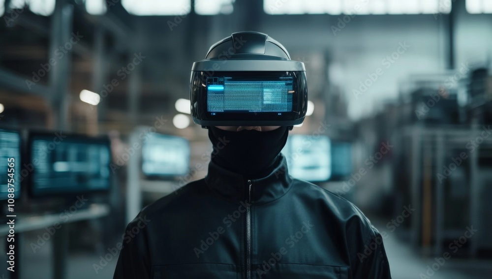 portrait of man worker is wearing virtual reality glasses in factory with monitors displaying data portrait of man worker is wearing virtual reality glasses in factory with monitors displaying data