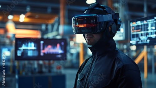 Wallpaper Mural photo of man worker is wearing virtual reality glasses in factory with monitors displaying data  Torontodigital.ca
