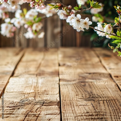 Rustic wooden table with spring blossom branches.