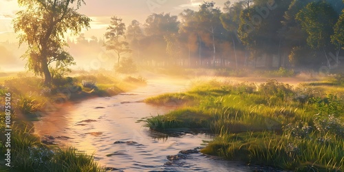 Beautiful morning river a lake in light fog and the rays of the sun Trees and bushes glow in the evening nature for design
