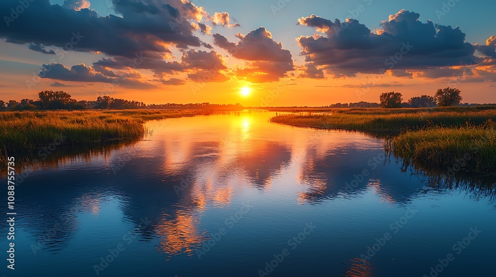 Sunset's Fiery Embrace: River Reflects Golden Hues, Tranquil Landscape at Dusk Sunset's Fiery Embrace: River Reflects Golden Hues, Tranquil Landscape at Dusk