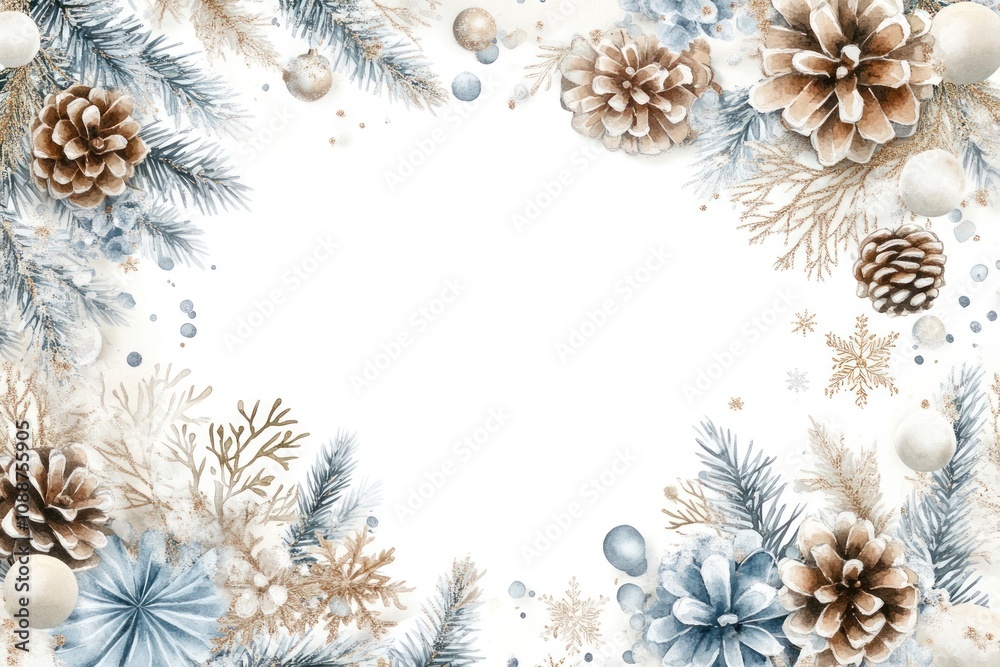 Fototapeta premium Watercolor pastel light blue and beige winter wreath with snowflakes christmas design cones.