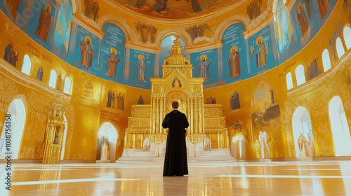 A man stands in front of a gold and blue cathedral
