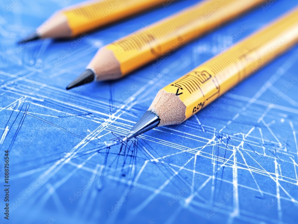 Close-up of Yellow Pencils on Technical Blueprint Background Showcasing Detailed Designs and Precision Lines for Design and Engineering Projects