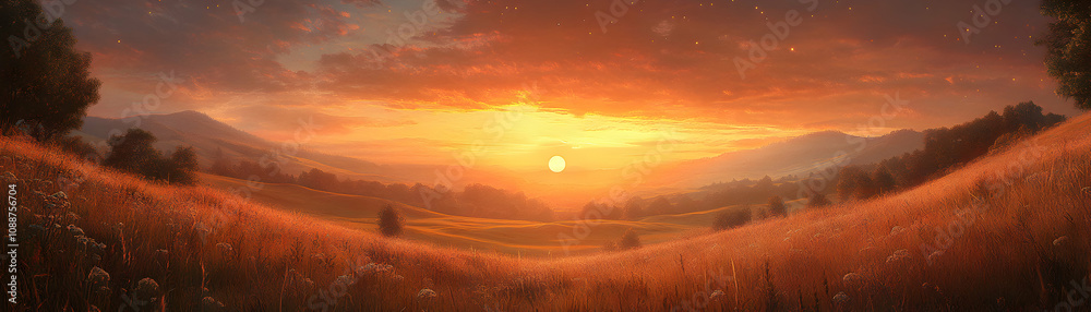 Fototapeta premium Golden Hour Landscape with Rolling Hills and a Distant Sunset