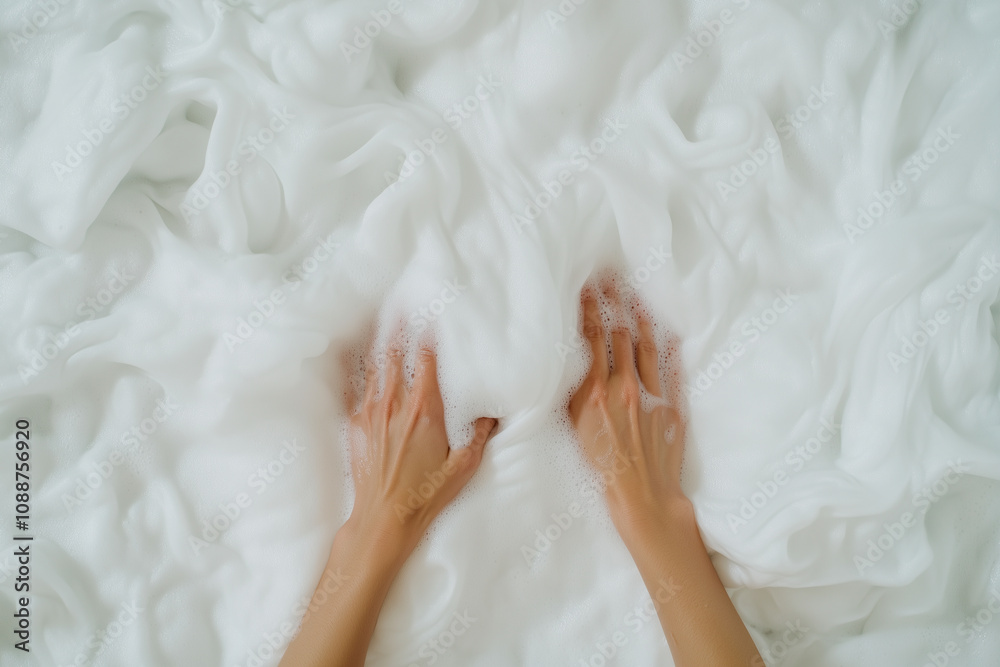 A person's hands are in a tub of bubbles A person's hands are in a tub of bubbles