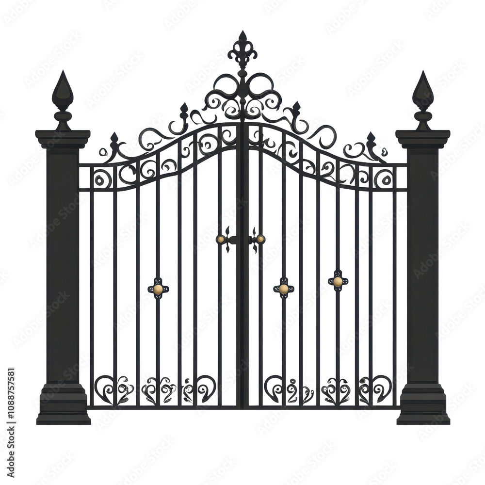 Elegant black wrought iron gate with intricate designs and decorative pillars, perfect for adding charm to any entrance.