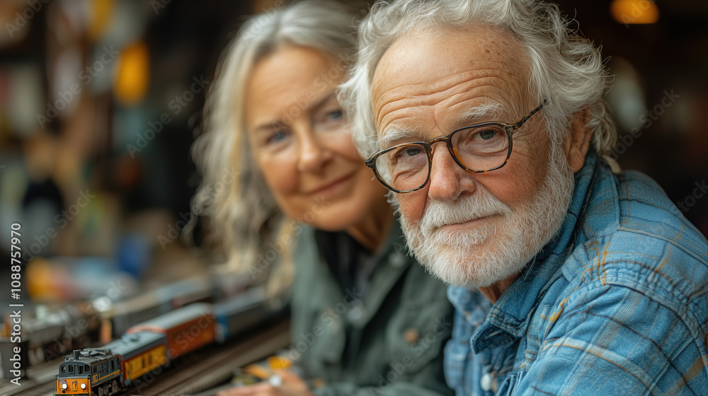 Two smiling adults enjoying time at a model train display in a cozy setting on a sunny afternoon. Generative AI Two smiling adults enjoying time at a model train display in a cozy setting on a sunny afternoon. Generative AI