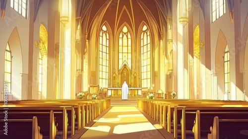 A church with a large golden altar and a white cross