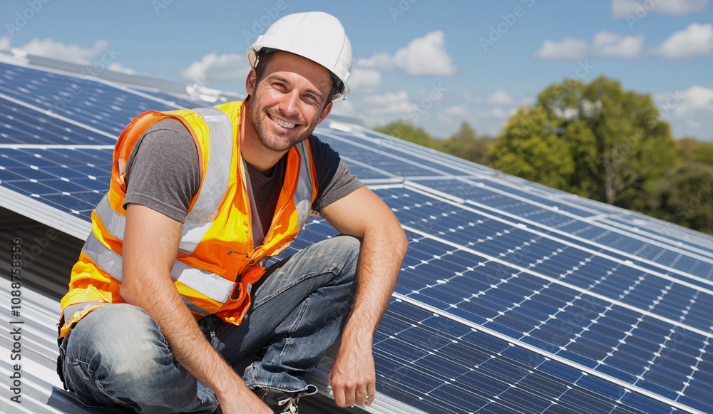 Solar engineers technicians power concept.A smiling worker in a helmet and safety vest installs solar panels on a roof under a blue sky.