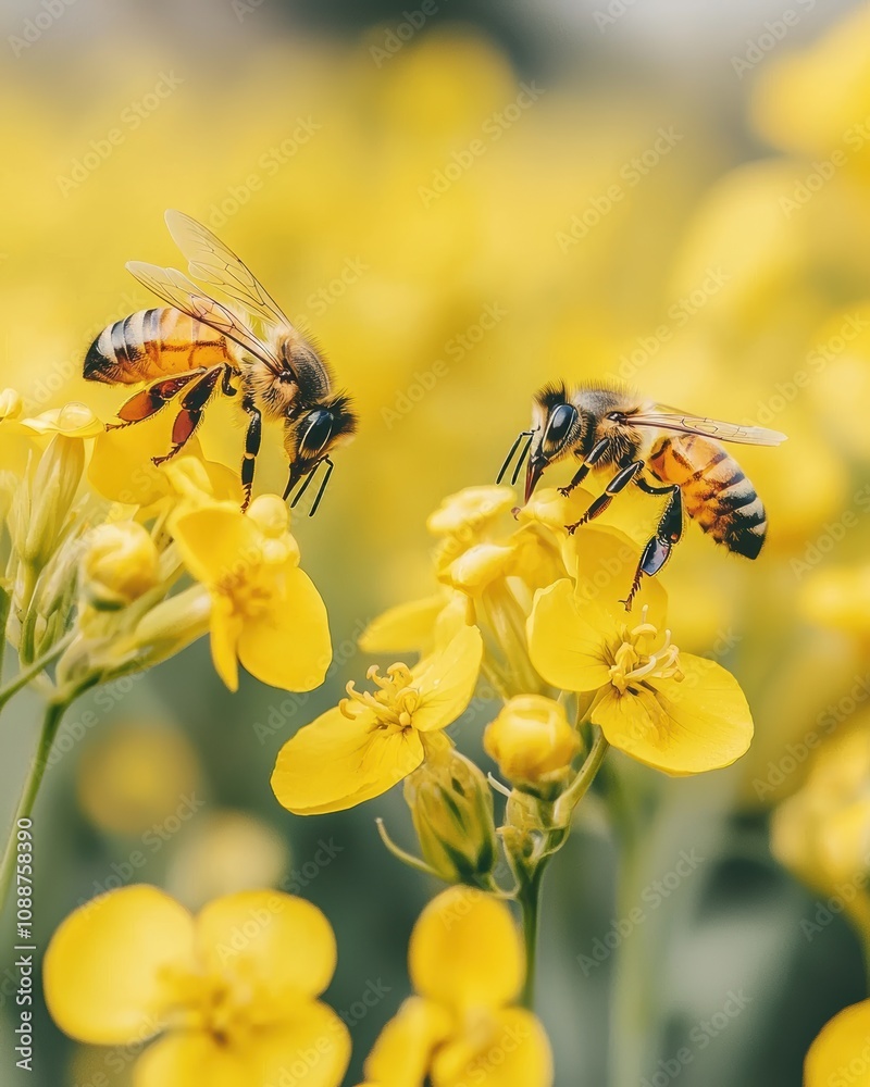 Close-Up of Honey Bees Pollinating Bright Yellow Flowers in a Vibrant Field Highlighting Nature's Essential Role in Ecosystems and Biodiversity Close-Up of Honey Bees Pollinating Bright Yellow Flowers in a Vibrant Field Highlighting Nature's Essential Role in Ecosystems and Biodiversity