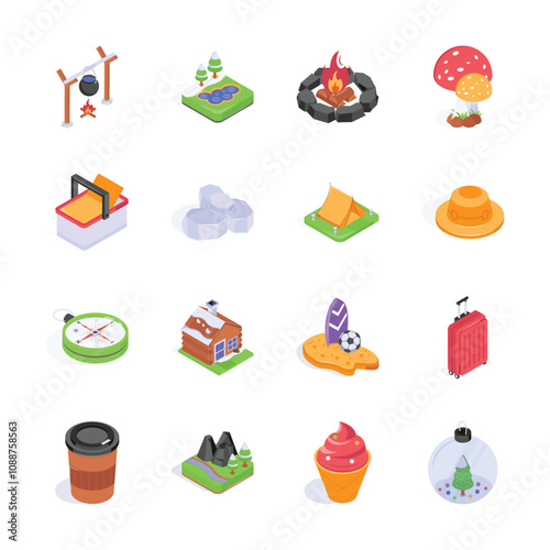 A collection of colorful isometric icons representing various travel and camping essentials