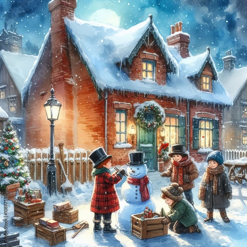 Children building a Snowman in the Snow - Christmas Village - Watercolor Winter and Christmas Setting - Greeting Card - Traditional Charles Dickens Style Nostalgic Victorian Painted Illustration