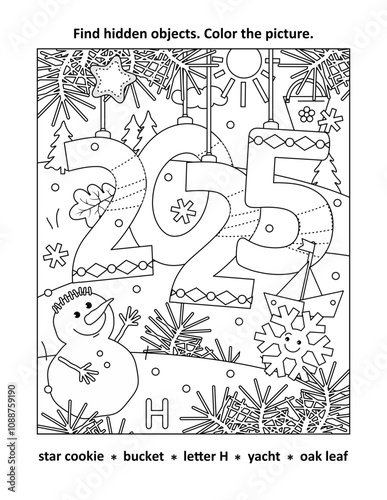 Year 2025 hidden objects, or seek and find, picture puzzle and coloring page activity sheet
