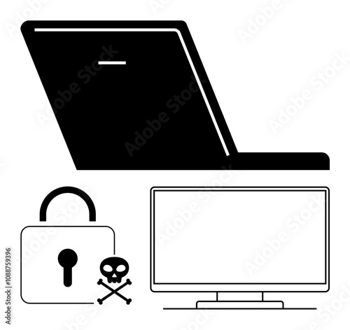 Laptop, desktop monitor, padlock, and skull and crossbones representing cybersecurity threats and data protection. Ideal for online safety, virus threats, security protocols, IT services, educational