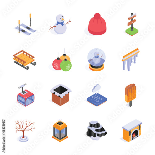 A collection of sixteen isometric winter-themed icons, perfect for adding a festive touch to your designs