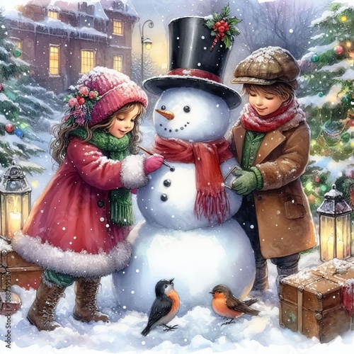 Children building a Snowman in the Snow - Christmas Village - Watercolor Winter and Christmas Setting - Greeting Card - Traditional Charles Dickens Style Nostalgic Victorian Painted Illustration