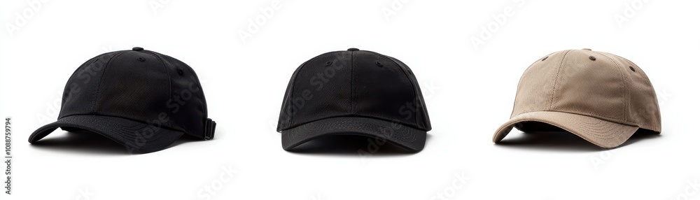 Three stylish caps with a textured design, available in black, beige, and khaki, perfect for casual wear and outdoor activities.