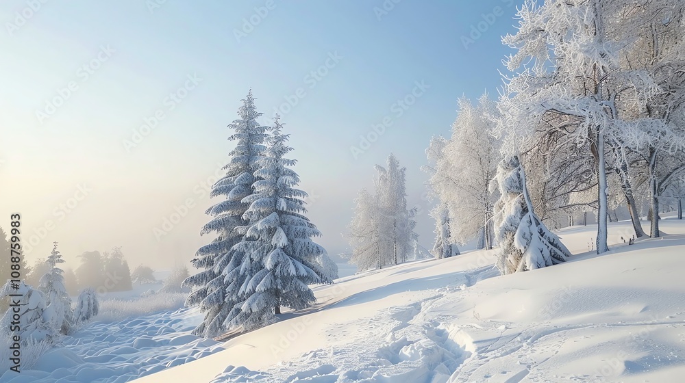 A snowy winter landscape with a pathway through a frost-covered forest. A snowy winter landscape with a pathway through a frost-covered forest.