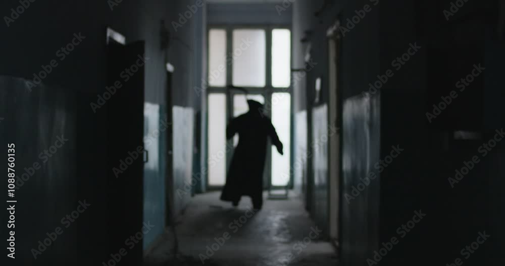 Sinister silhouette of grim reaper death holding scythe, slowly approaching the camera, looking around in search of his victim. Eerie figure in hooded black cloak, evoking sense of dread and mystery. Sinister silhouette of grim reaper death holding scythe, slowly approaching the camera, looking around in search of his victim. Eerie figure in hooded black cloak, evoking sense of dread and mystery.