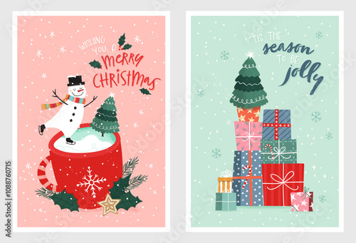 Lovely hand drawn christmas card, vintage design with hand lettering and cute ornaments - vector design