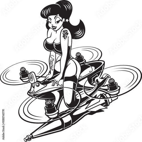 Pinup style girl flying on a fpv kamikaze drone