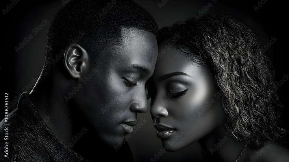 Monochromatic Portrait: A Black and White Close-Up of a Couple's Tender Foreheads Touching, Eyes Closed in Intimate Connection. Monochromatic Portrait: A Black and White Close-Up of a Couple's Tender Foreheads Touching, Eyes Closed in Intimate Connection.