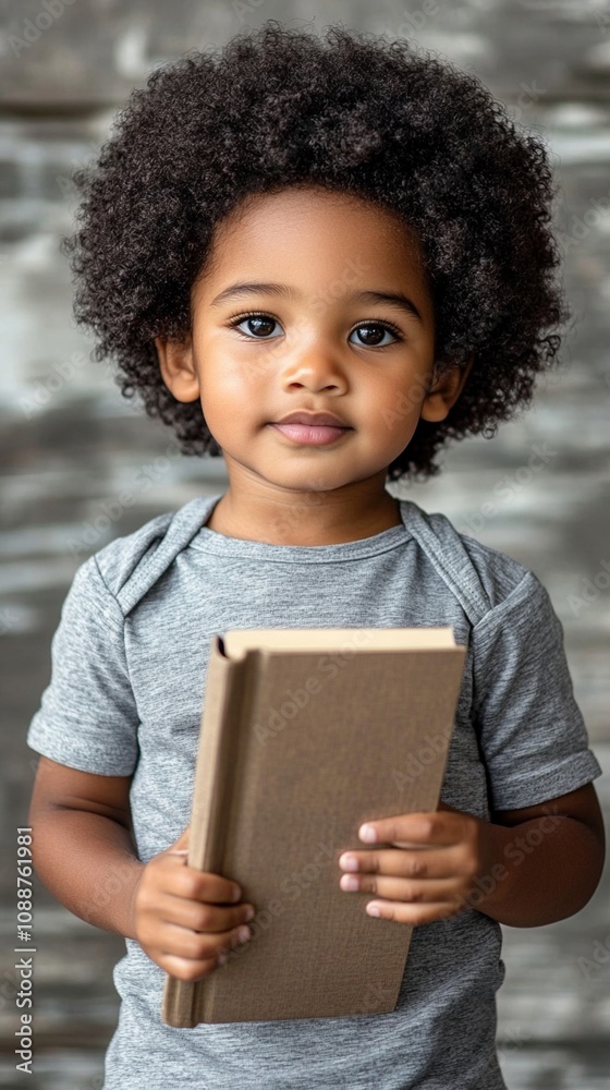 Fototapeta premium Adorable young child with curly afro hair holding a book, looking thoughtfully at the camera. Innocence and curiosity shine through their expressive eyes.