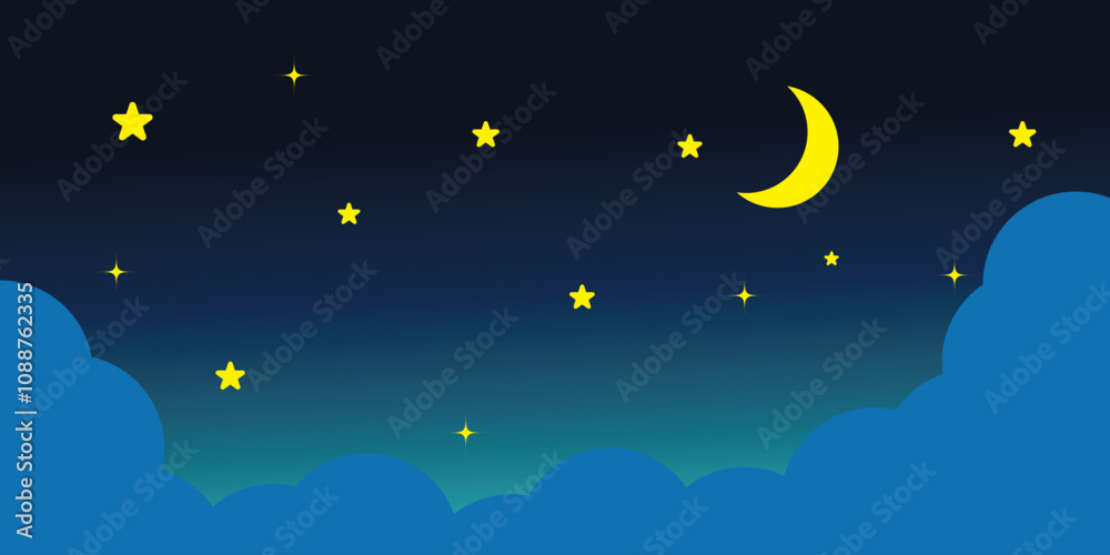 Night sky with Moon, stars and clouds. Dark blue space, moon night and star night sky background. Vector illustration. Night sky with Moon, stars and clouds. Dark blue space, moon night and star night sky background. Vector illustration.