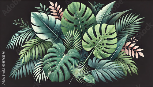 Tropical Leaves Arrangement on Dark Background