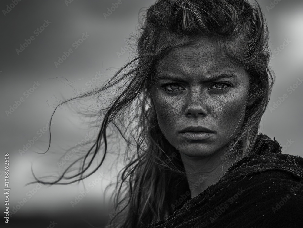 Portrait of a Strong Viking Woman with Braided Blonde Hair in Natural Light Portrait of a Strong Viking Woman with Braided Blonde Hair in Natural Light