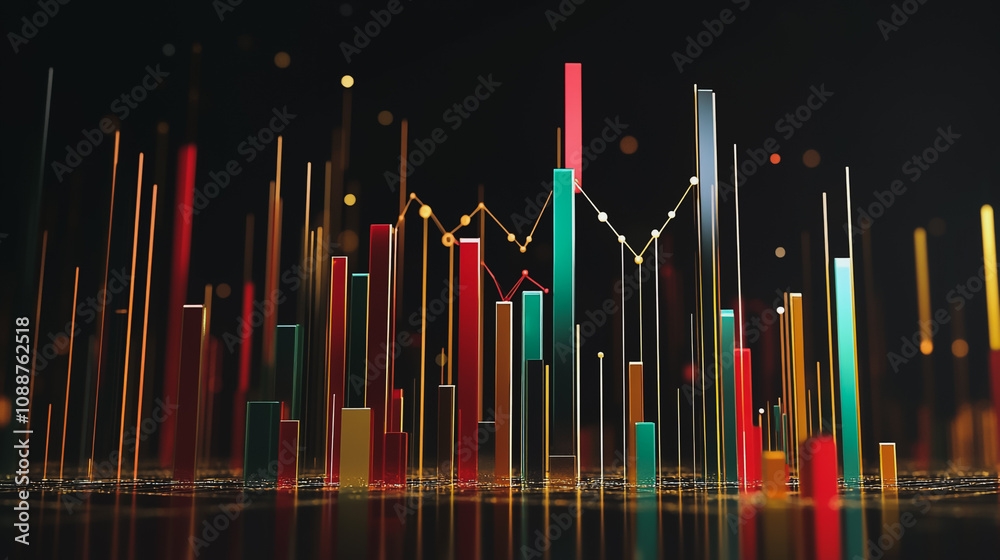 Abstract black background with 3D Colorful charts and graphs with statistics to innovative analyze business potential and forecast future development of companies growth. Abstract black background with 3D Colorful charts and graphs with statistics to innovative analyze business potential and forecast future development of companies growth.
