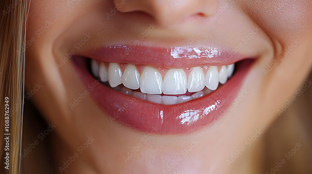 Close-up Photo of a Woman's Bright, Healthy Smile with Perfect Teeth and Glowing Lips, Showcasing Oral Hygiene and Beauty. Close-up Photo of a Woman's Bright, Healthy Smile with Perfect Teeth and Glowing Lips, Showcasing Oral Hygiene and Beauty.