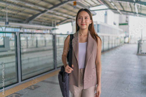 Portrait of a young asian woman with laptop bag in front a public skytrain in a subway terminal